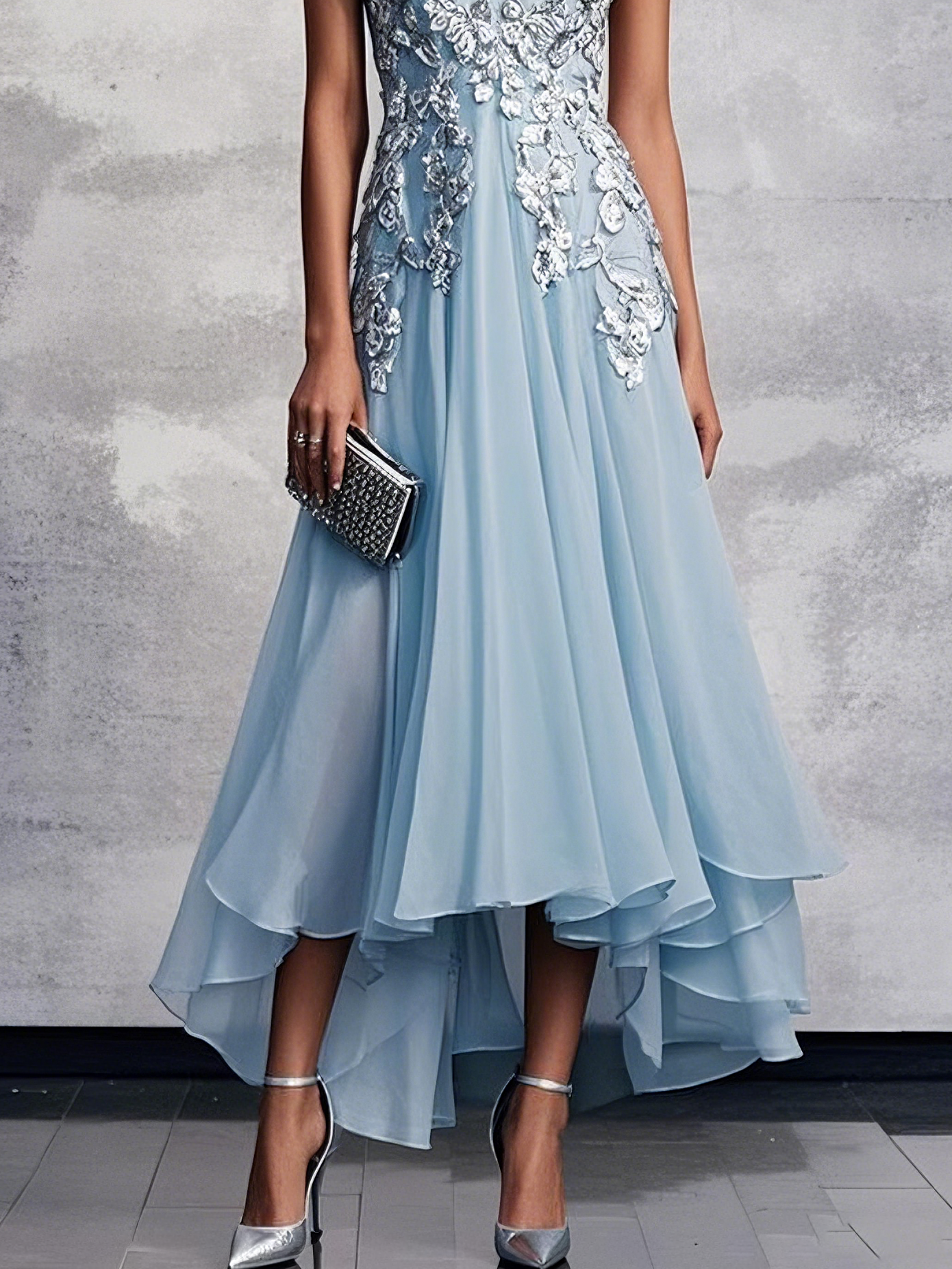Light Blue Lace Asymmetric Chiffon V Neck Sleeveless A-Line Maxi Dress