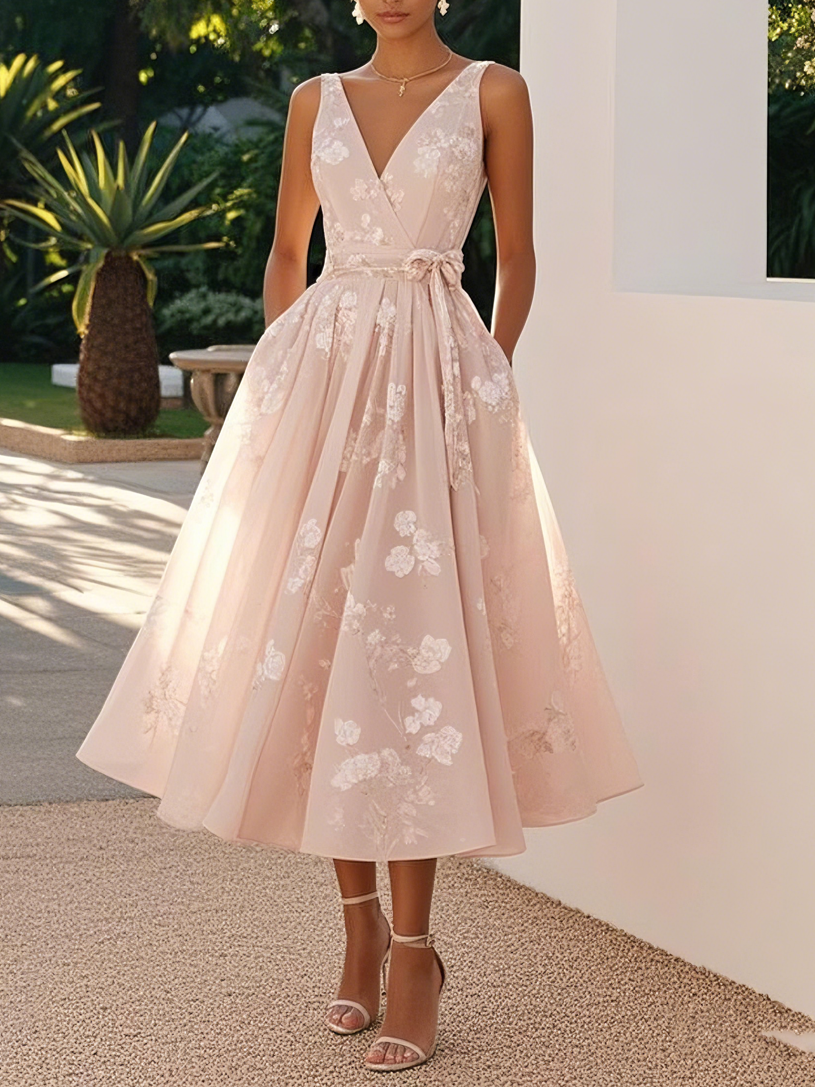 Light Pink Bow Embroidery Classic V Neck Sleeveless A Line Midi Dress Light Pink Bow Embroidery Classic V Neck Sleeveless A Line Midi Dress