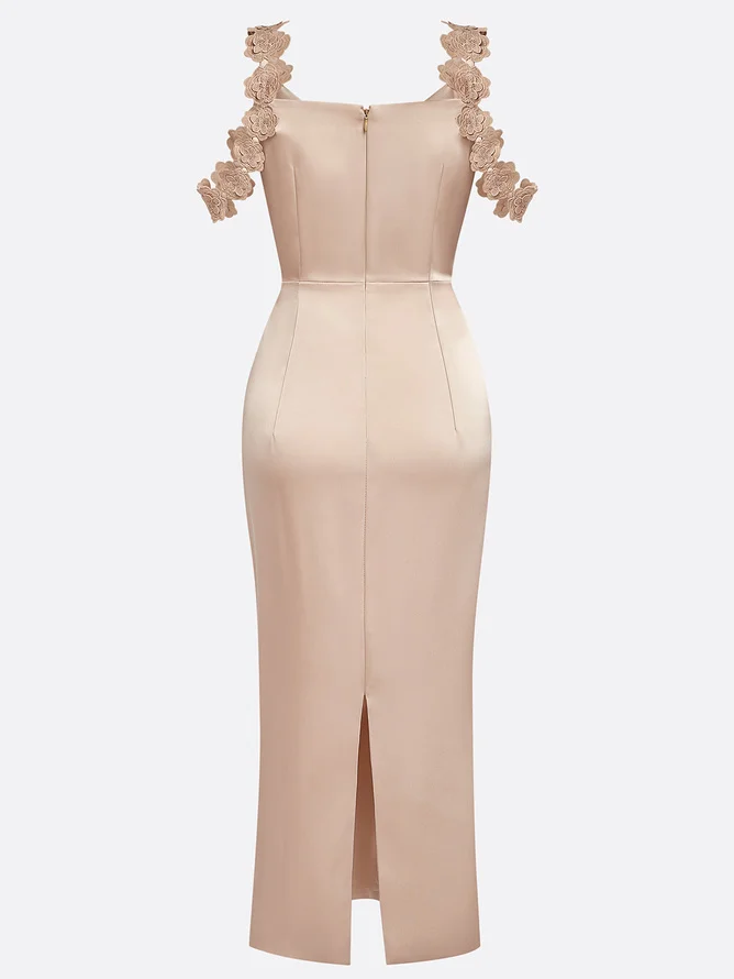 Champagne 3D Floral Satin Cowl Neck Sleeveless Sheath Midi Dress