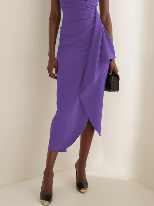 Green Cowl Neck Ruched Cap Sleeve Sheath Midi Dress