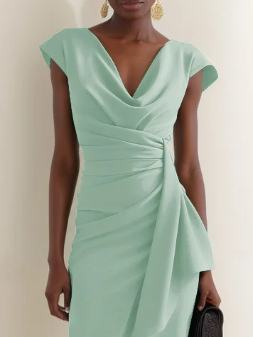Green Cowl Neck Ruched Cap Sleeve Sheath Midi Dress