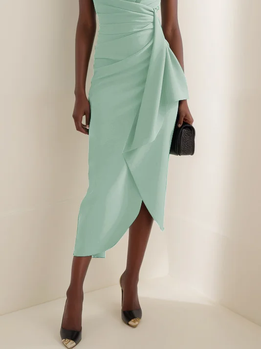 Green Cowl Neck Ruched Cap Sleeve Sheath Midi Dress