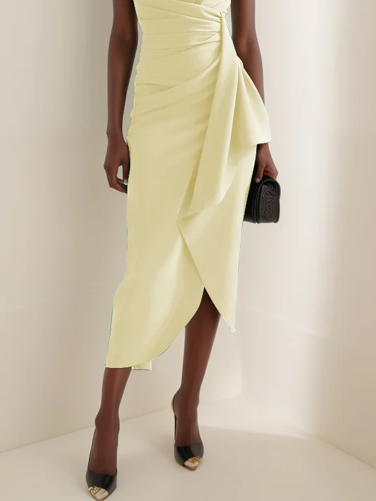 Green Cowl Neck Ruched Cap Sleeve Sheath Midi Dress