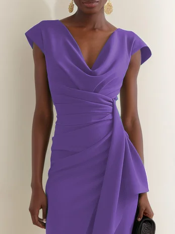 Green Cowl Neck Ruched Cap Sleeve Sheath Midi Dress