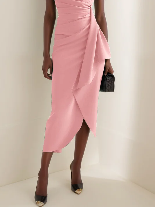 Green Cowl Neck Ruched Cap Sleeve Sheath Midi Dress
