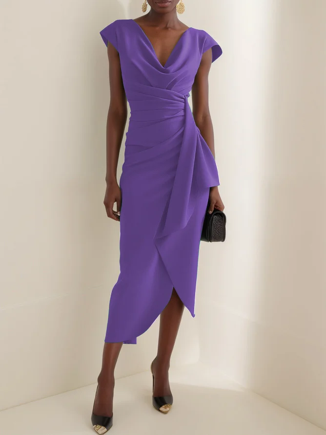 Green Cowl Neck Ruched Cap Sleeve Sheath Midi Dress