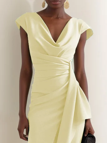 Green Cowl Neck Ruched Cap Sleeve Sheath Midi Dress