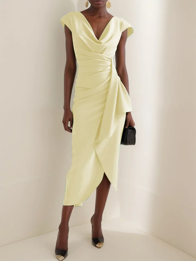 Green Cowl Neck Ruched Cap Sleeve Sheath Midi Dress