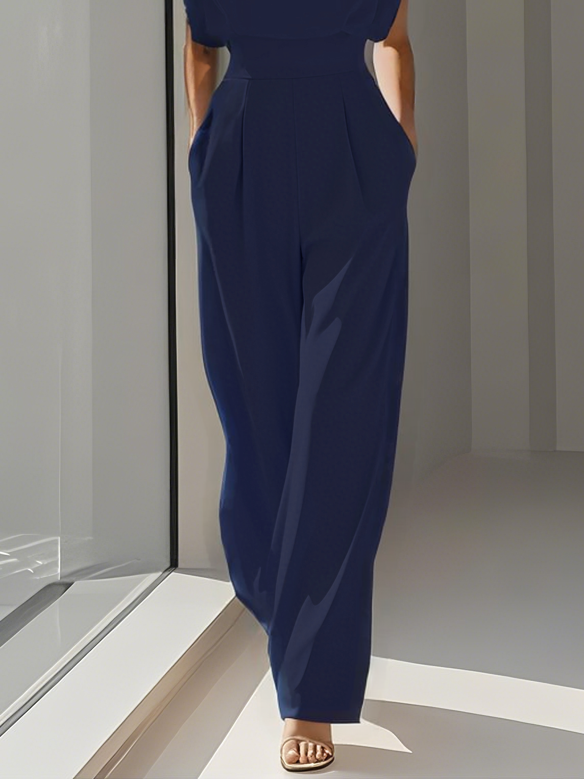 Off White Crew Neck Plain Ruched Urban Jumpsuit 
