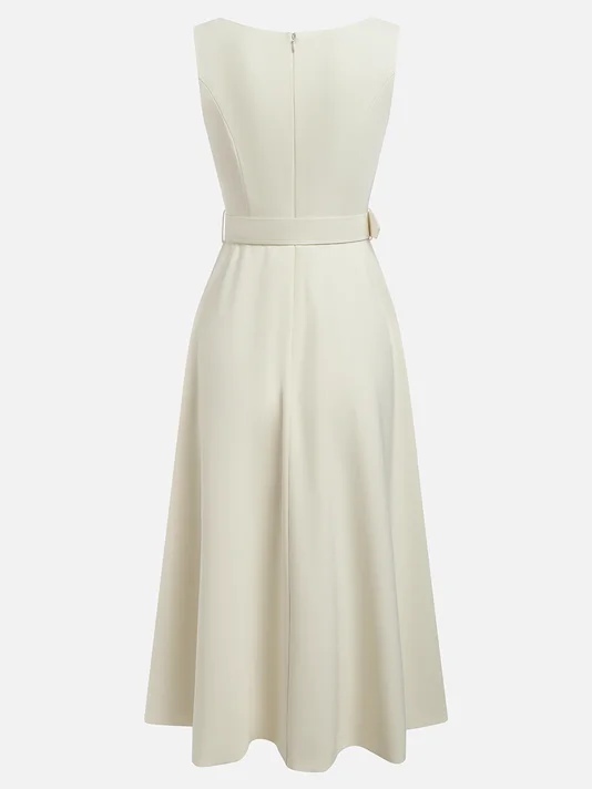 White Classic Boat Neck Sleeveless A-Line Midi Dress