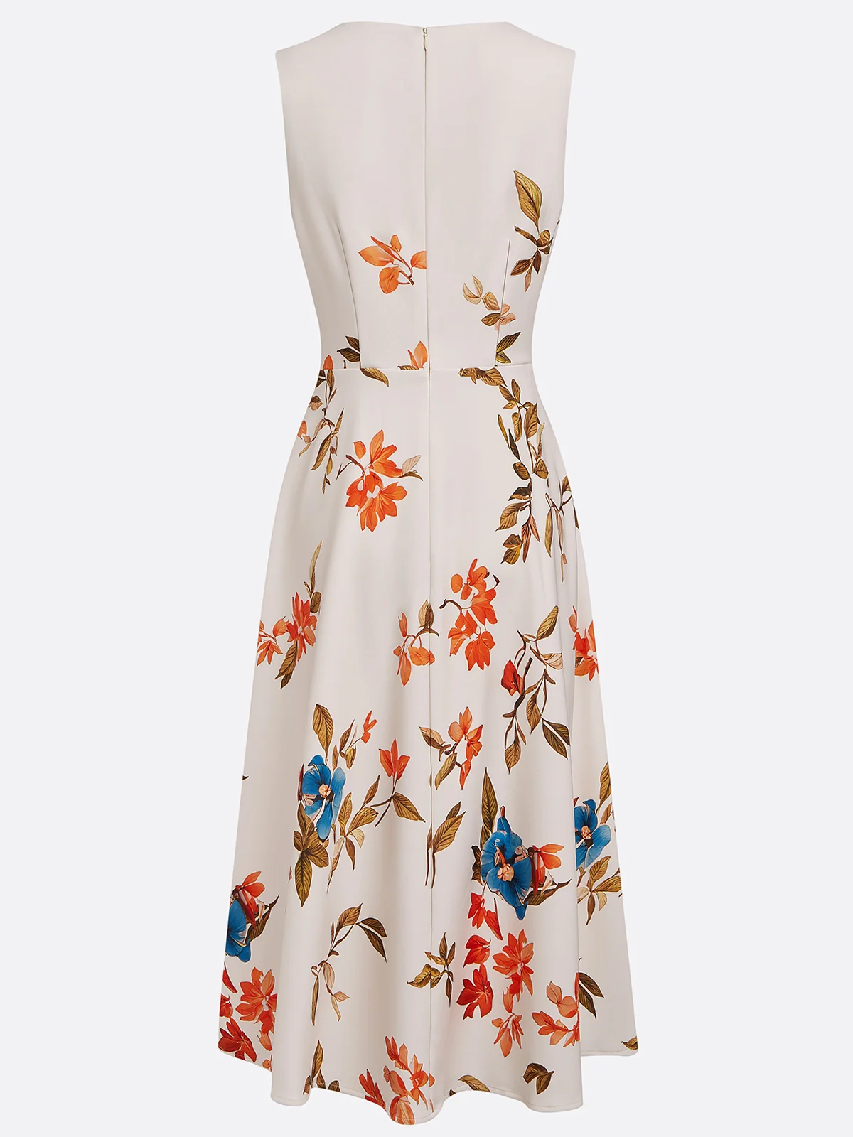 Beige Classic V Neck Floral Sleeveless A-Line Midi Dress