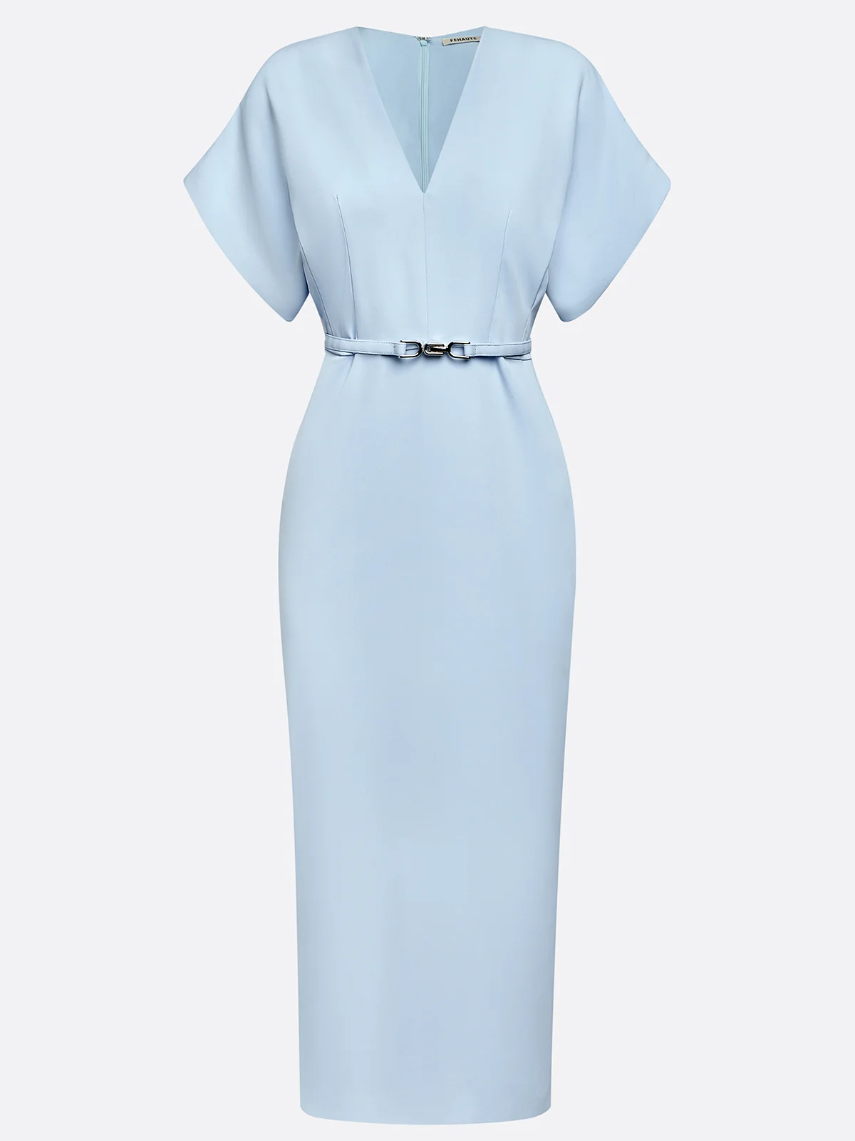 Light Blue Classic V Neck Short Sleeve Dolman Sleeve Sheath Midi Dress