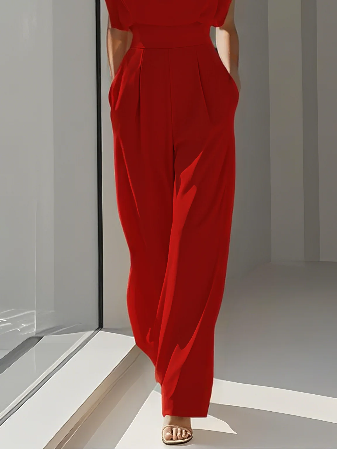Off White Crew Neck Plain Ruched Urban Jumpsuit 