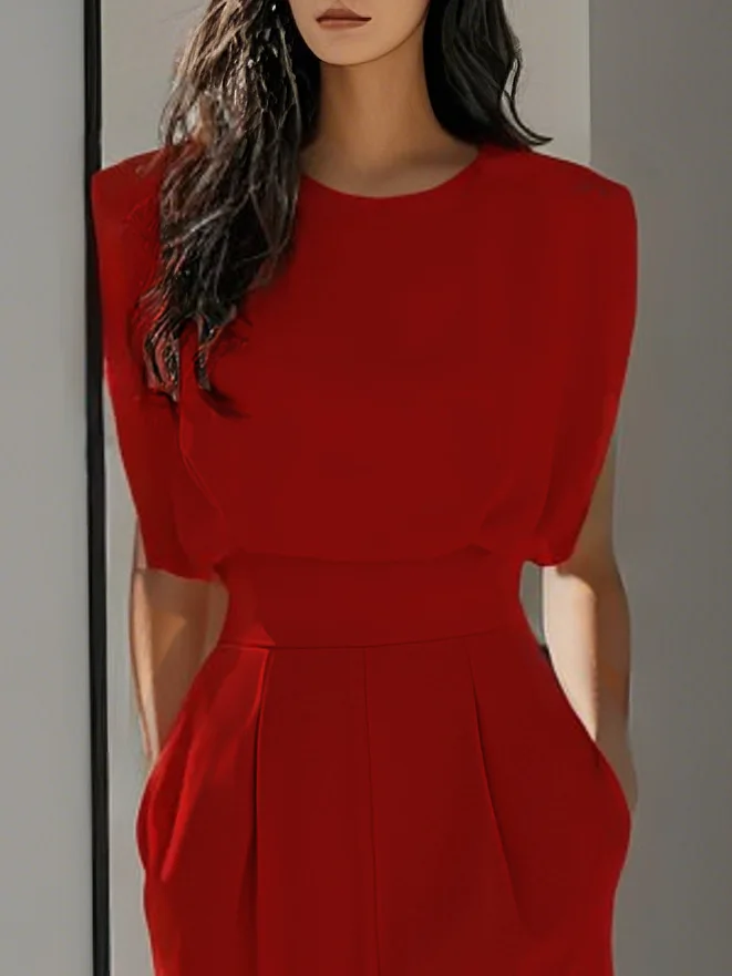 Off White Crew Neck Plain Ruched Urban Jumpsuit 