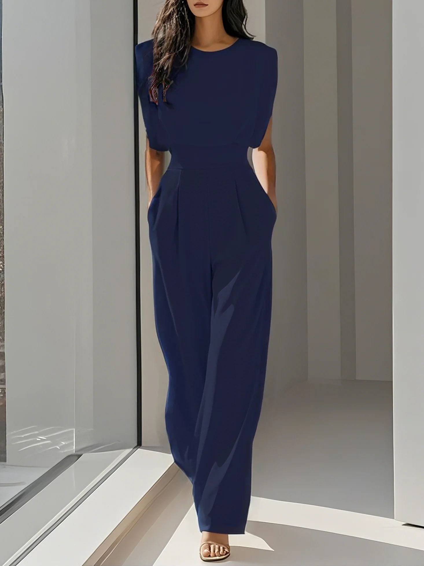 Off White Crew Neck Plain Ruched Urban Jumpsuit 