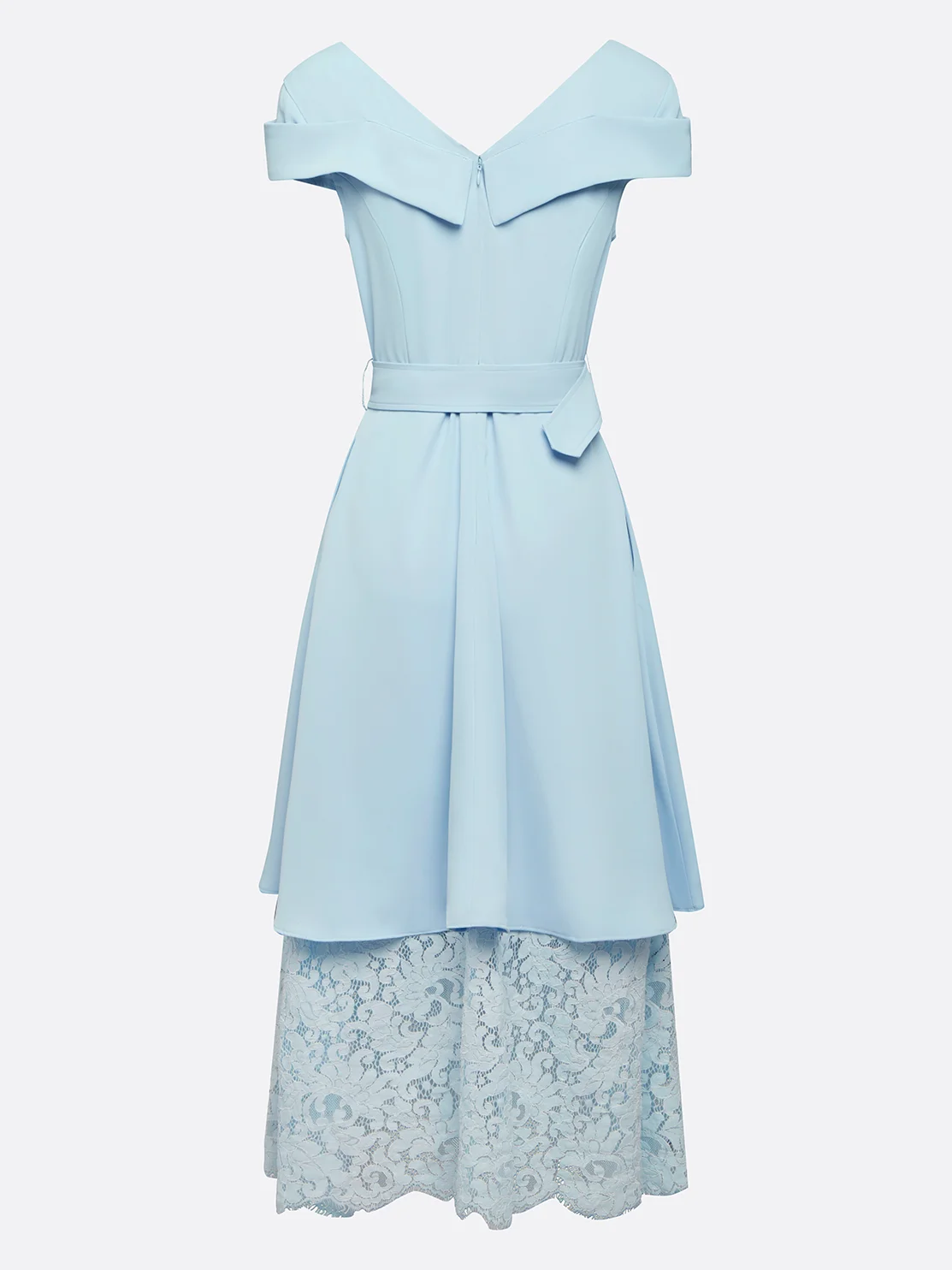 Light Blue Lace Classic V Neck Short Sleeve A-Line Midi Dress