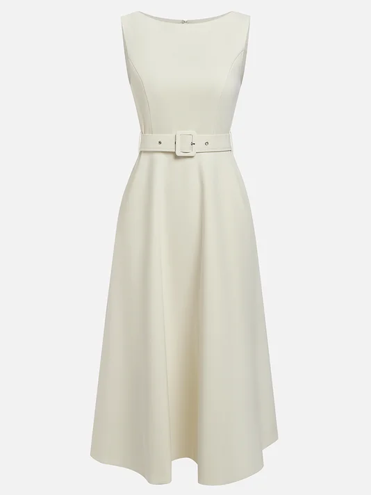 White Classic Boat Neck Sleeveless A-Line Midi Dress