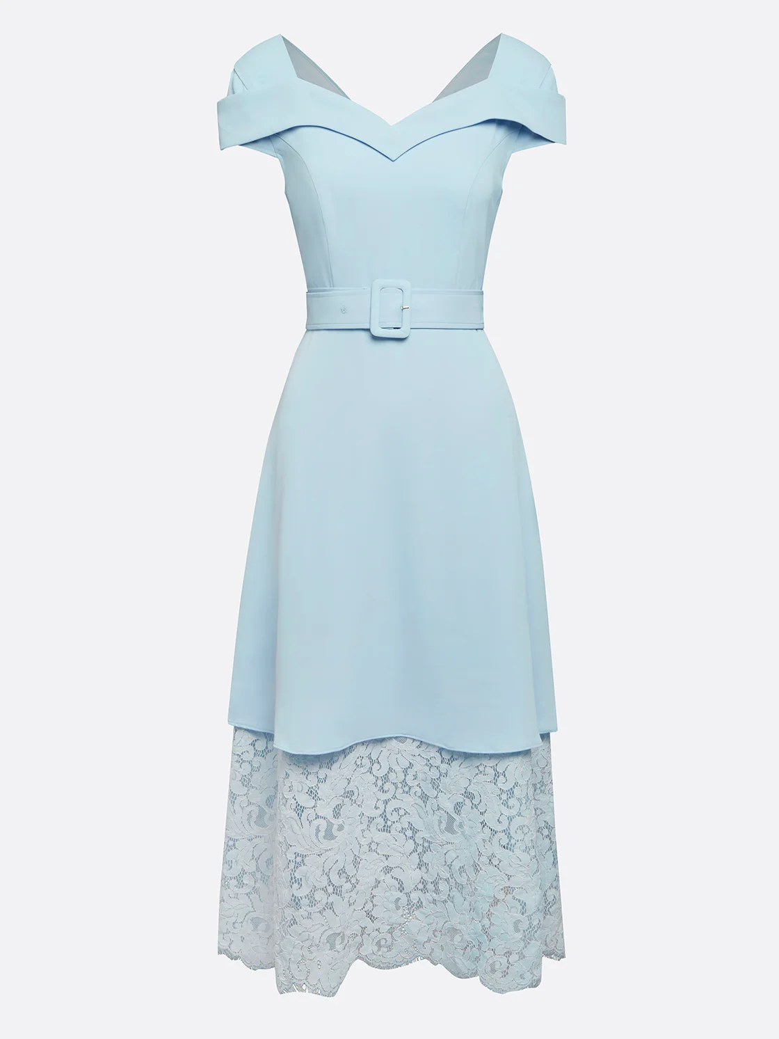 Light Blue Lace Classic V Neck Short Sleeve A-Line Midi Dress