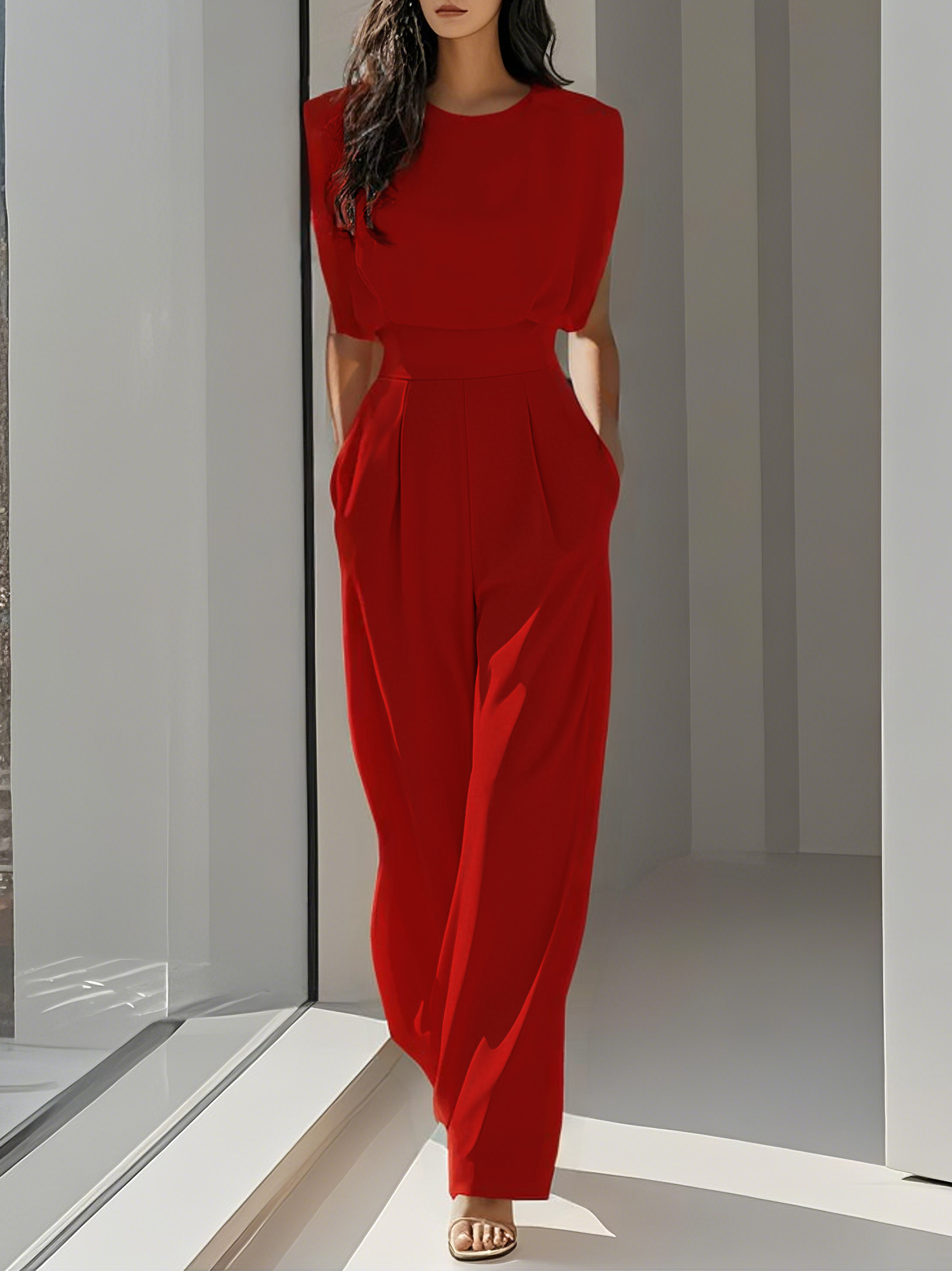 Off White Crew Neck Plain Ruched Urban Jumpsuit 