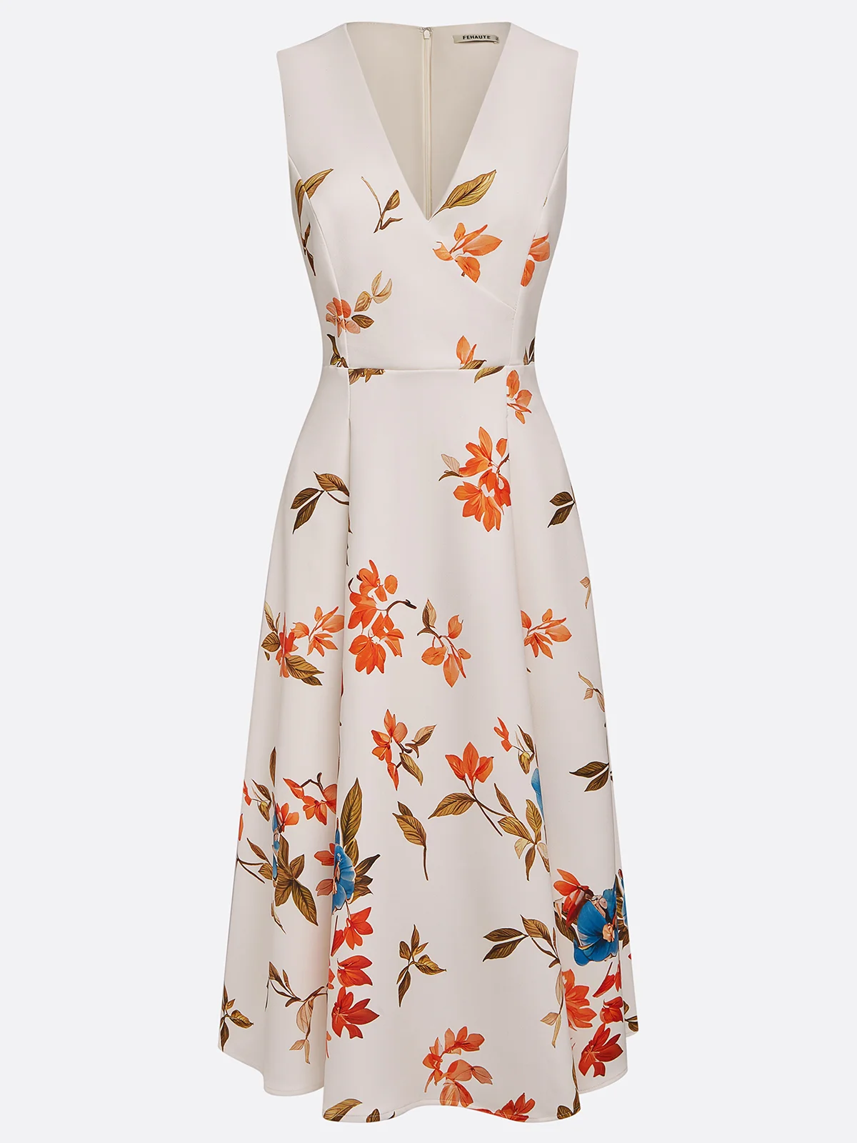 Beige Classic V Neck Floral Sleeveless A-Line Midi Dress