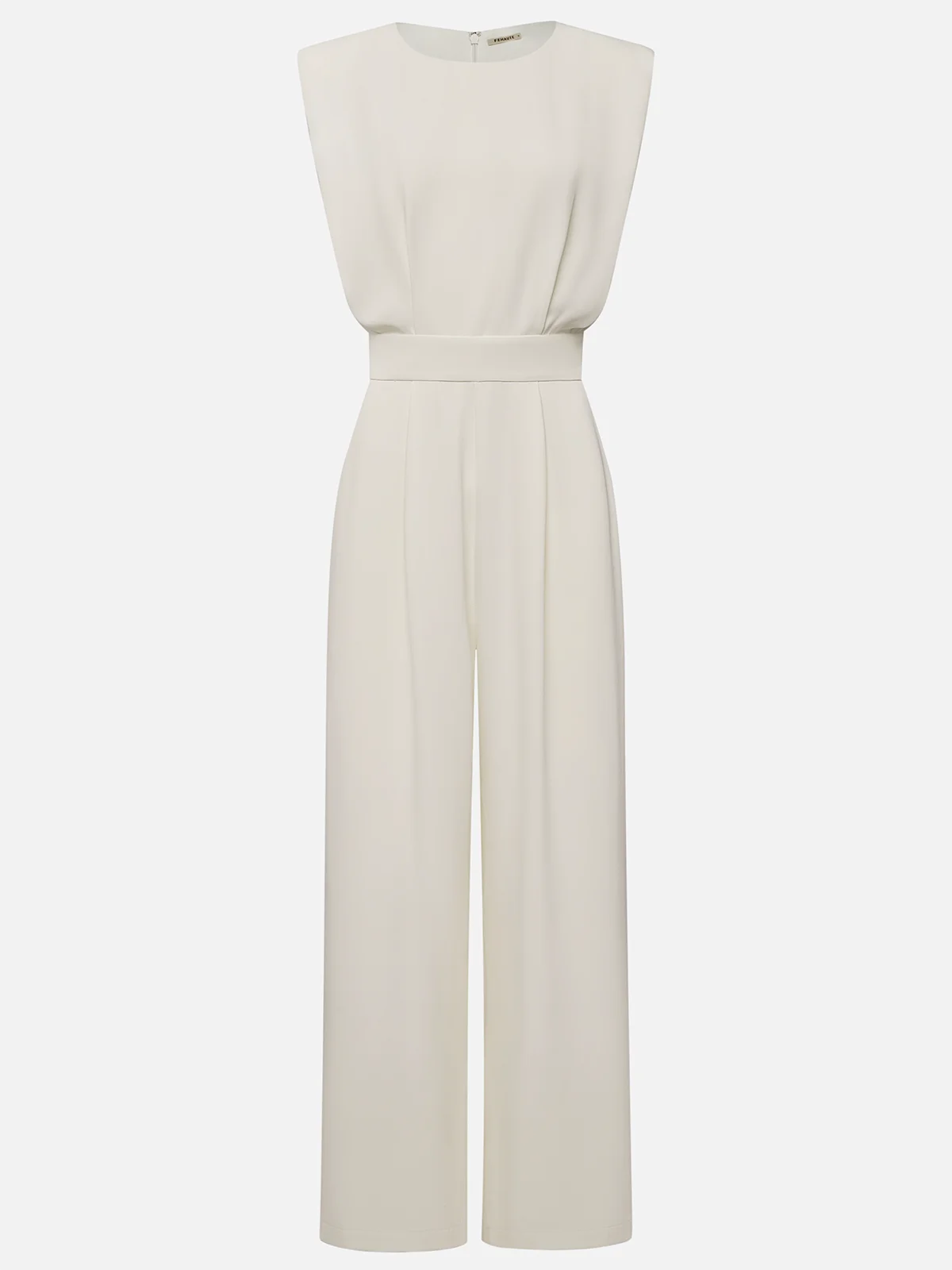 Off White Crew Neck Plain Ruched Urban Jumpsuit 