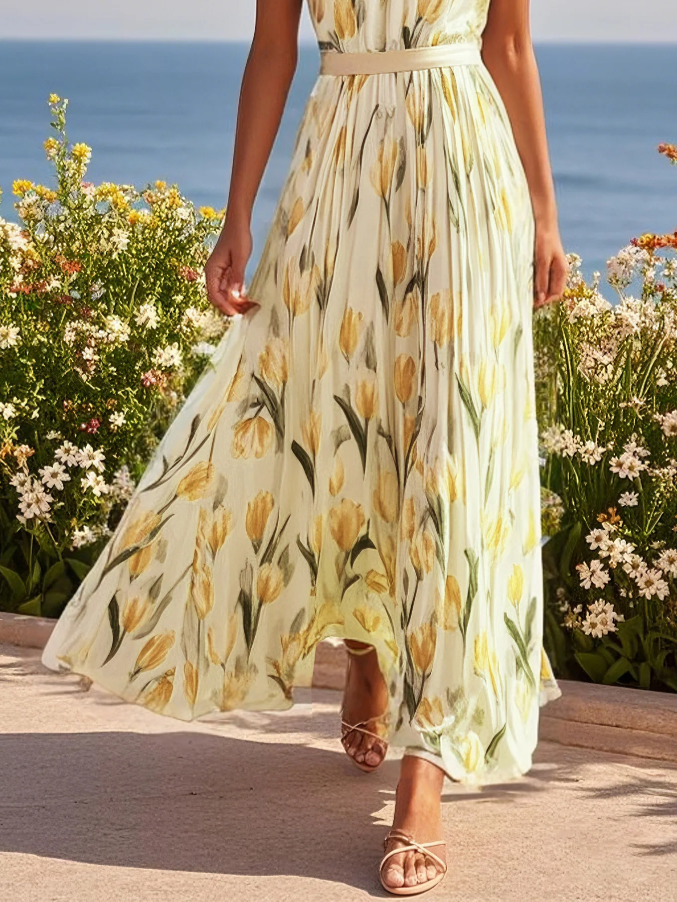 Pink Floral Crew Neck Sleeveless A-Line Maxi Chiffon Dress