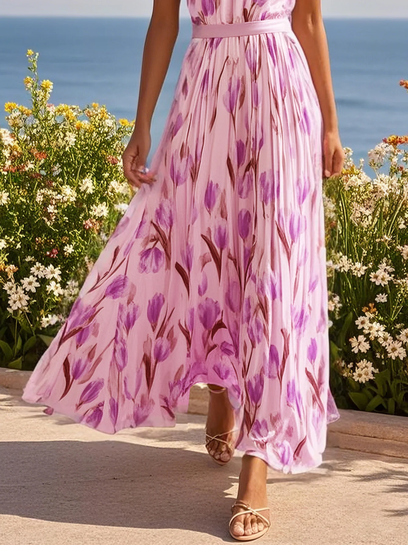 Pink Floral Chiffon Halter Sleeveless A-Line Maxi Dress