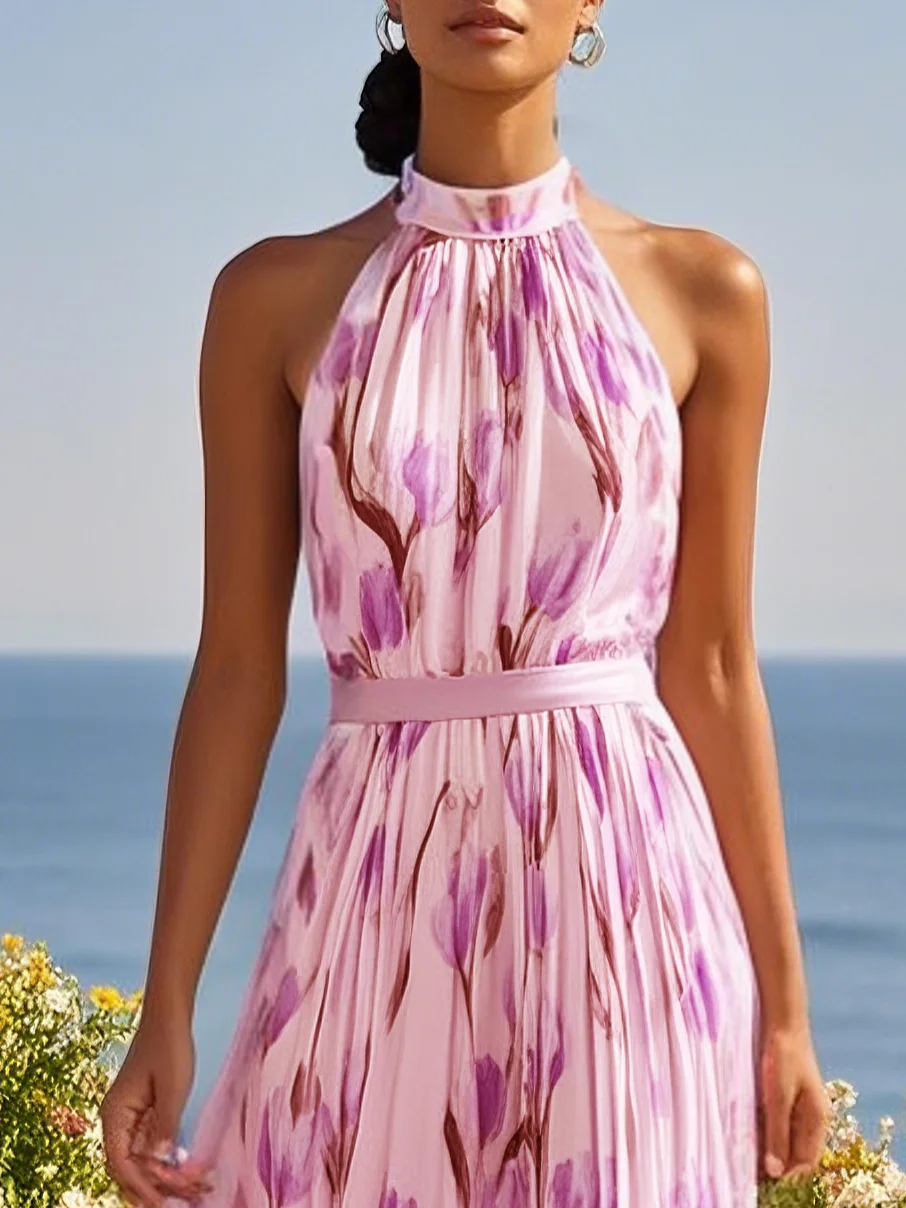 Pink Floral Chiffon Halter Sleeveless A-Line Maxi Dress