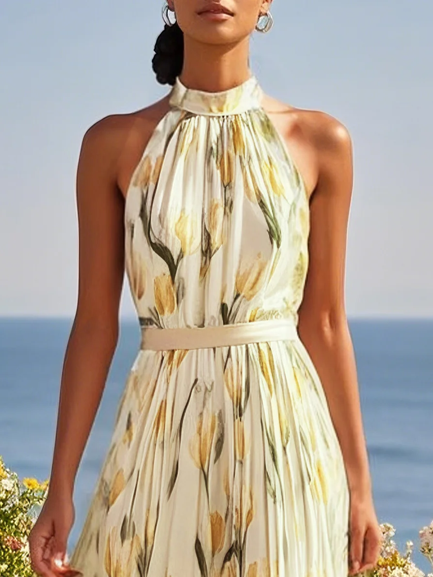 Pink Floral Crew Neck Sleeveless A-Line Maxi Chiffon Dress