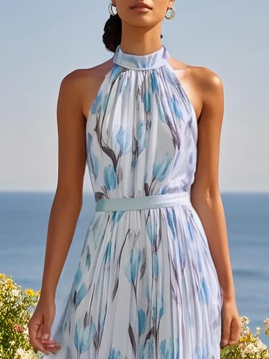 Pink Floral Crew Neck Sleeveless A-Line Maxi Chiffon Dress