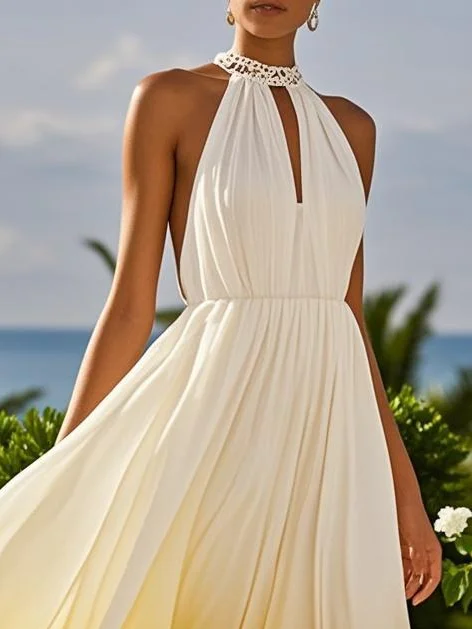Pink Chiffon Halter Sleeveless A-Line Maxi Dress