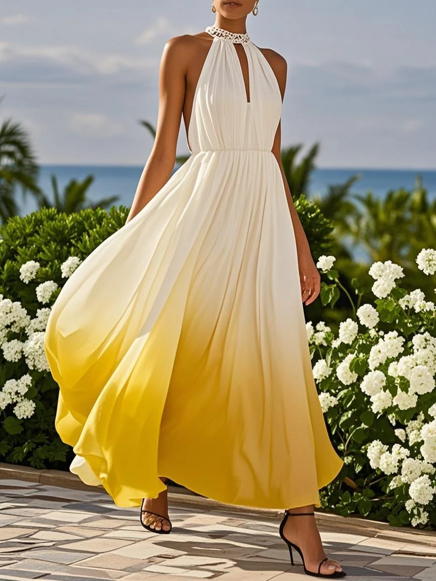 Pink Chiffon Halter Sleeveless A-Line Maxi Dress