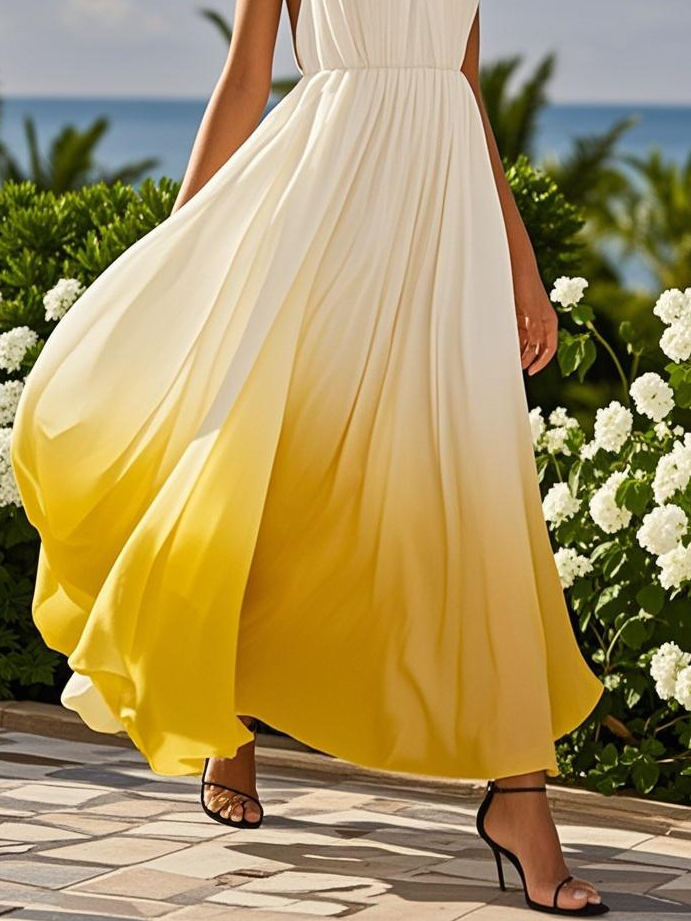 Pink Chiffon Halter Sleeveless A-Line Maxi Dress