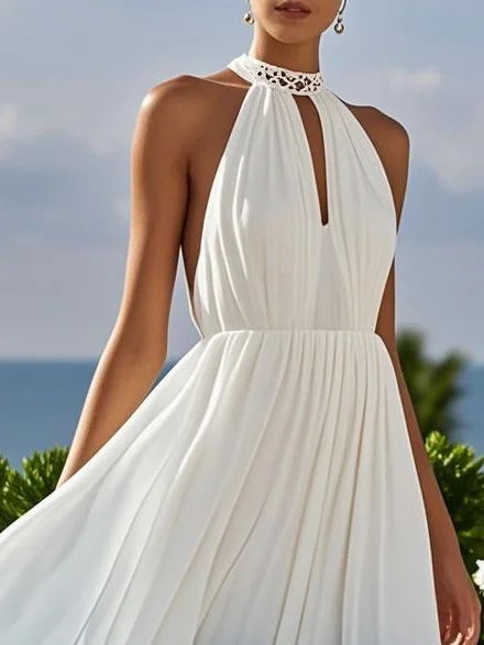 Pink Chiffon Halter Ombre Pearl Cut Out Sleeveless A-Line Mock Neck Maxi Dress
