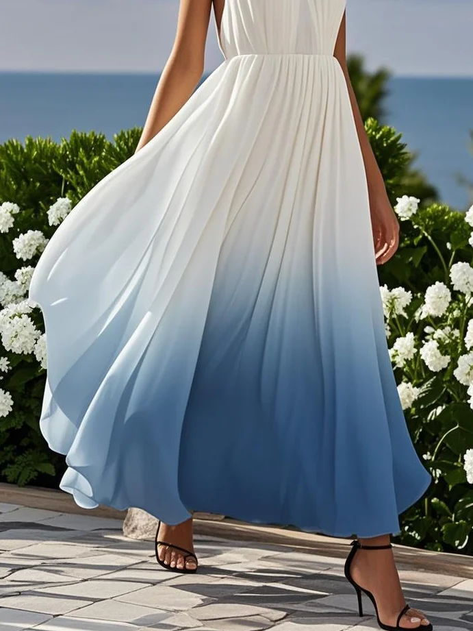 Pink Chiffon Halter Ombre Pearl Cut Out Sleeveless A-Line Mock Neck Maxi Dress