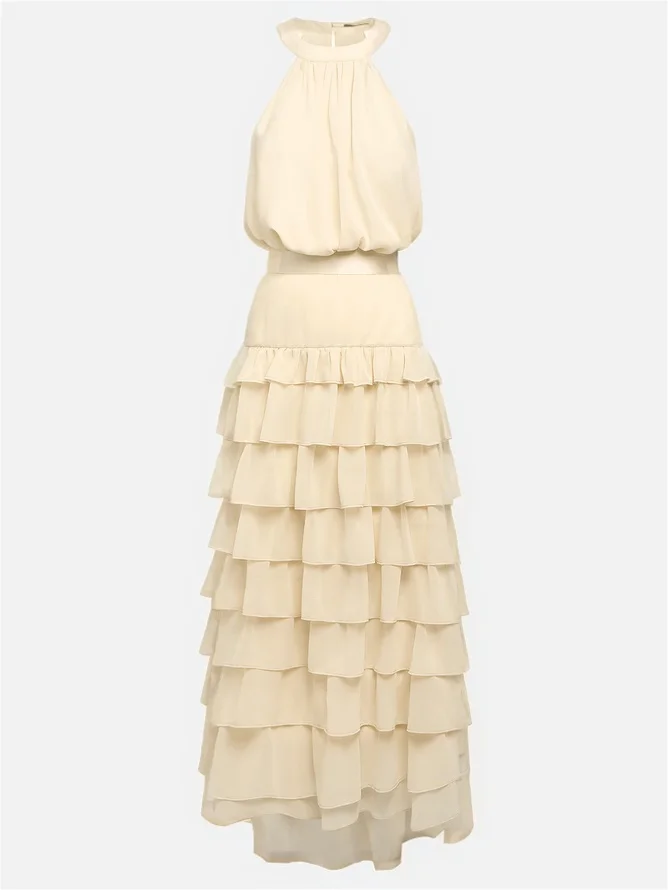Pink Peplum Tiered Chiffon Halter Sleeveless A-Line Maxi Two-piece Dress