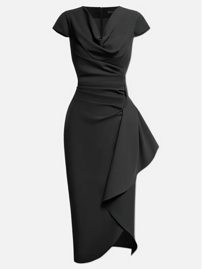 Green Cowl Neck Ruched Cap Sleeve Sheath Midi Dress