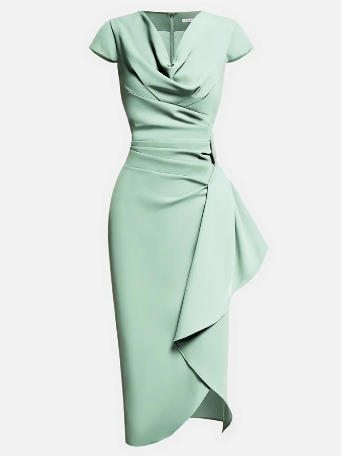 Green Cowl Neck Ruched Cap Sleeve Sheath Midi Dress