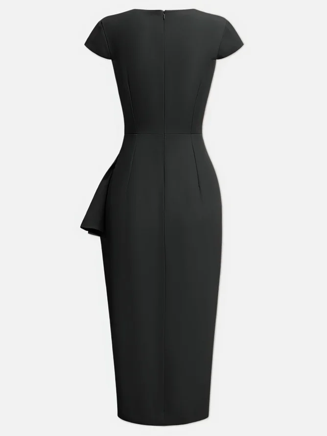 Green Cowl Neck Ruched Cap Sleeve Sheath Midi Dress