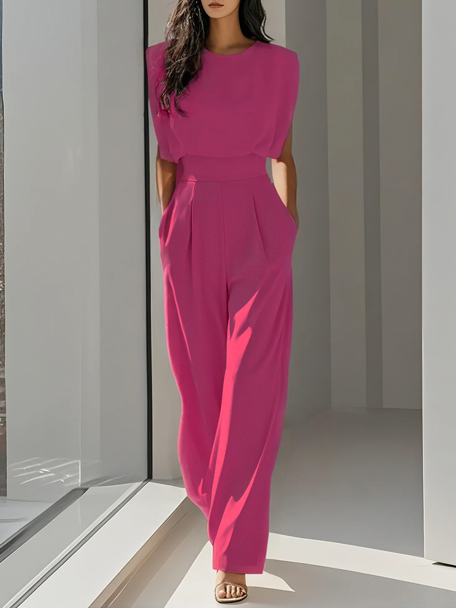 Off White Crew Neck Plain Ruched Urban Jumpsuit 