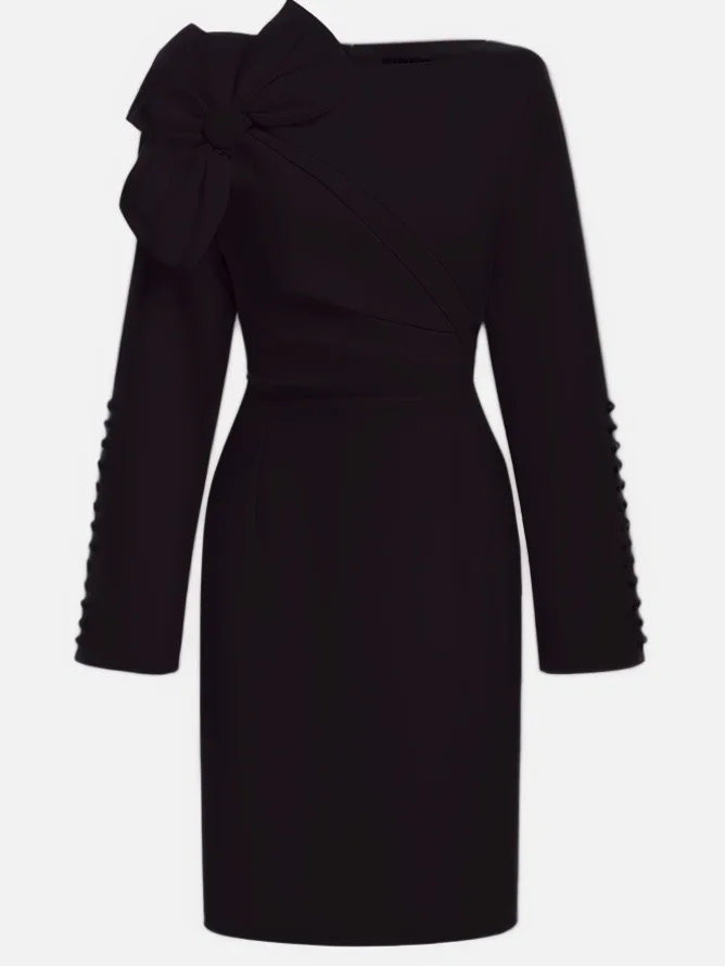 White Bow Long Sleeve Sheath Midi Dress