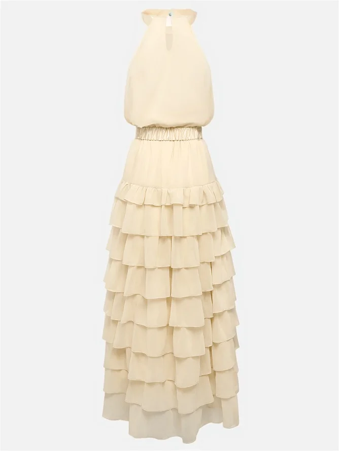 Pink Peplum Tiered Chiffon Halter Sleeveless A-Line Maxi Two-piece Dress