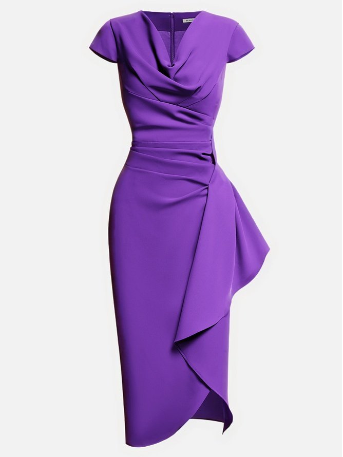 Green Cowl Neck Ruched Cap Sleeve Sheath Midi Dress