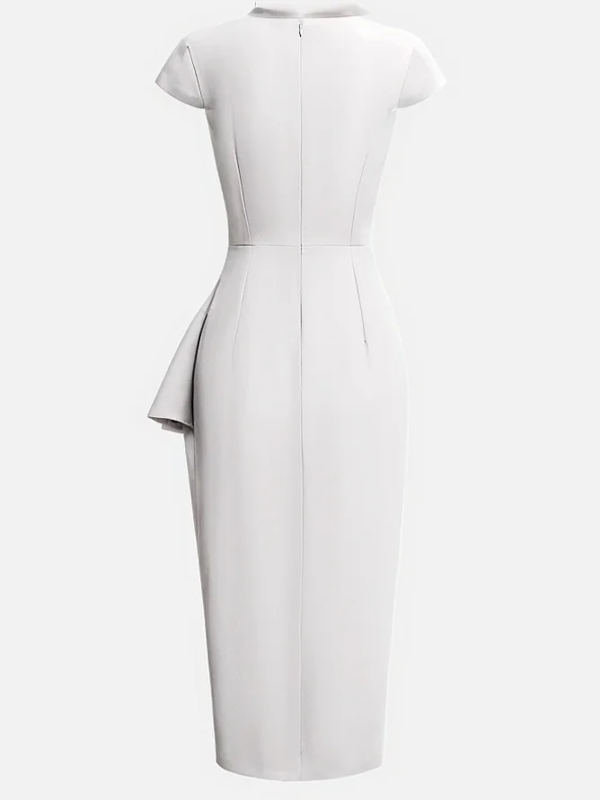 Green Cowl Neck Ruched Cap Sleeve Sheath Midi Dress