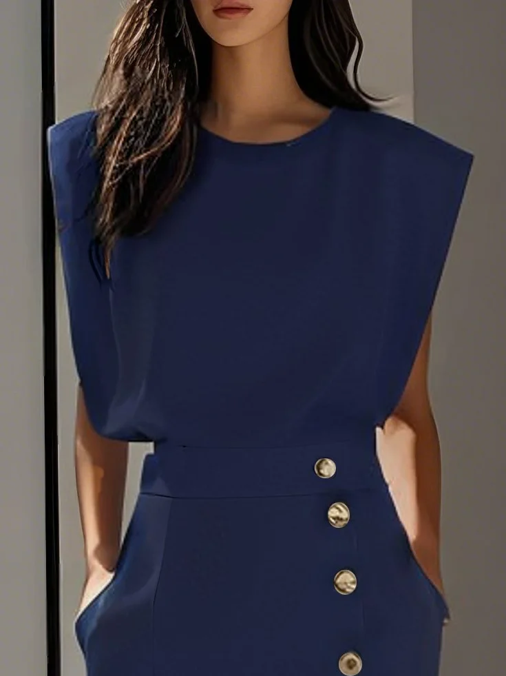 Off White Button Slit Crew Neck Sheath Midi Dress