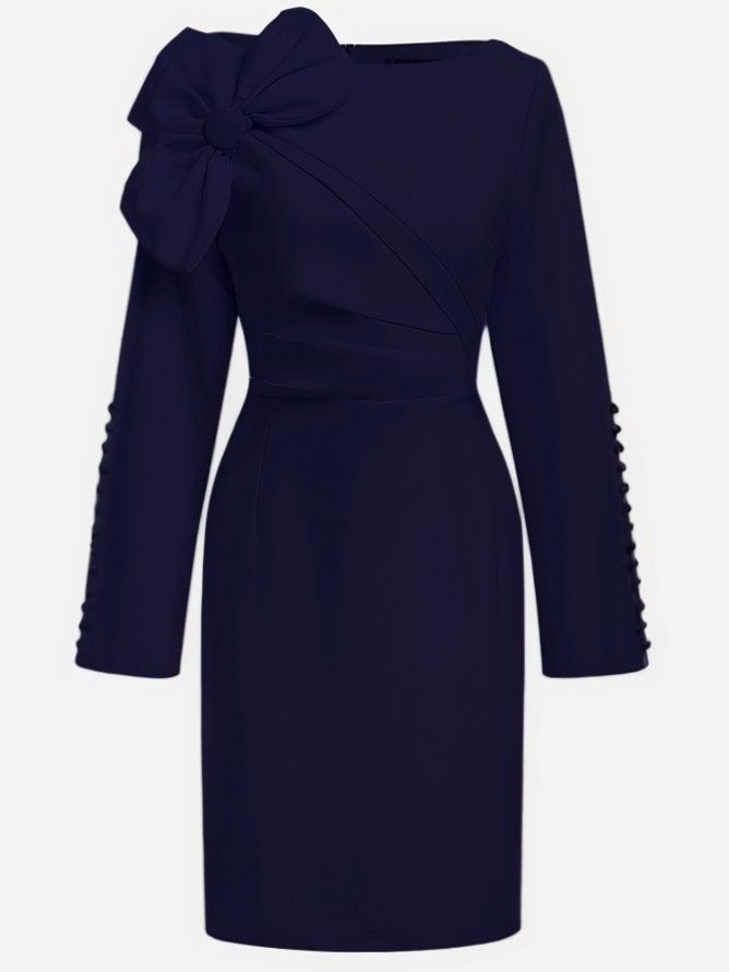 Purplish blue Bow Ruched Classic Boat Neck Long Sleeve Sheath Midi Dress