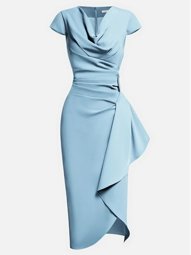 Green Cowl Neck Ruched Cap Sleeve Sheath Midi Dress