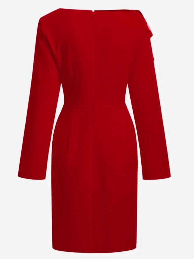 Cream White Bow Long Sleeve Sheath Midi Dress