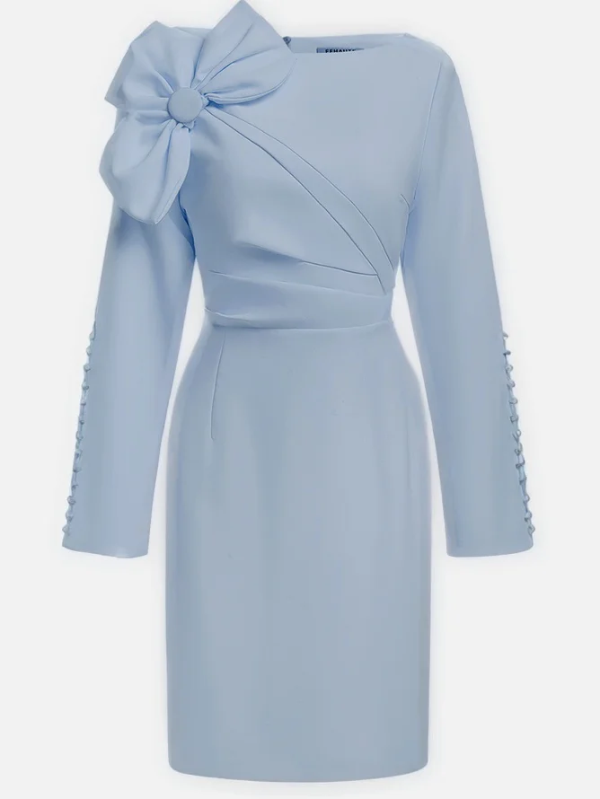 Cream White Bow Long Sleeve Sheath Midi Dress