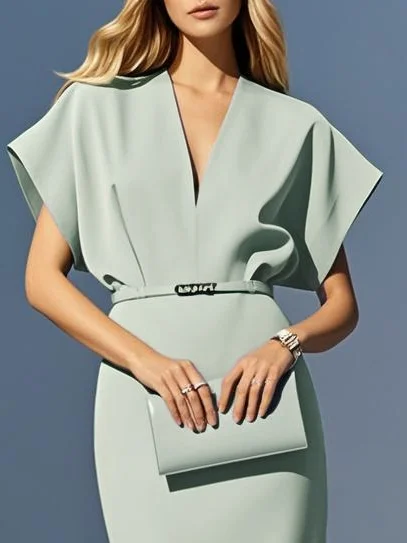Light Blue Classic V Neck Short Sleeve Dolman Sleeve Sheath Midi Dress